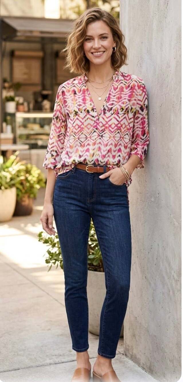 Signature Studio Ikat Geometric Top M Pink Blouse Boho Festival Resortwear Retro